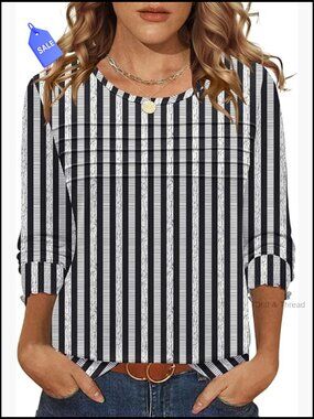 Long Sleeve Pleated Tunic Blouse, Loose Fit, Crewneck, Flowy Casual Top